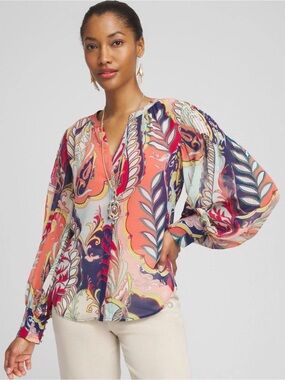 Chico's Multicolor Paisley Blouse in Coral, Navy, Cream, NWOT, Chicos 3 (14-16)